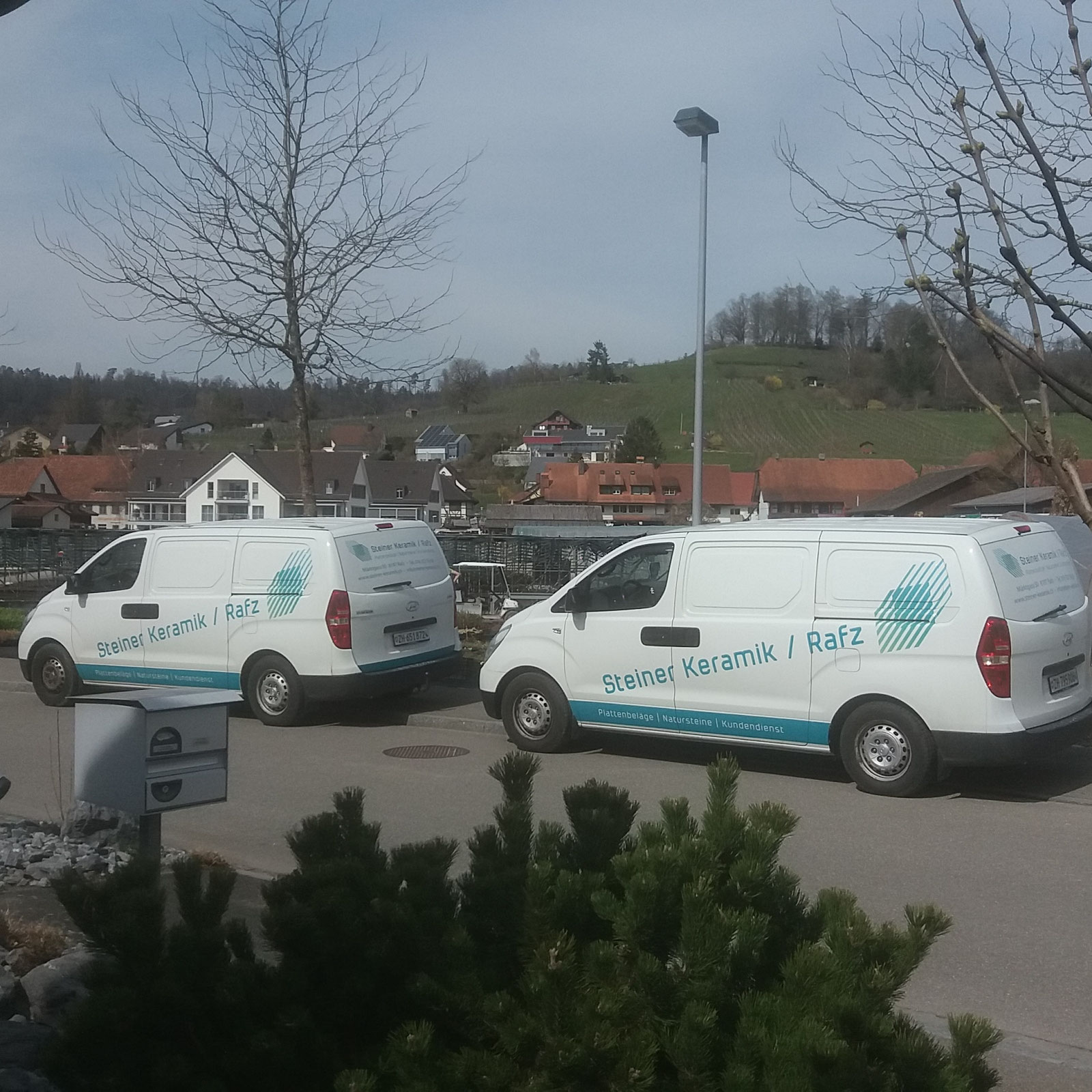 Zwei Firmenbusse von Steiner-Keramik auf einem Parkplatz